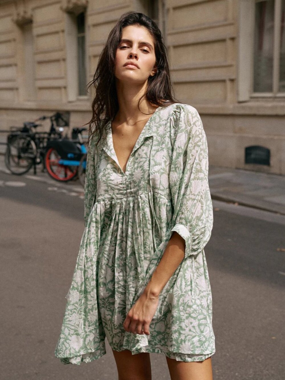 Daughters of India Kyra Dress Mini 100% Cotton Lightweight Floral Green Medium